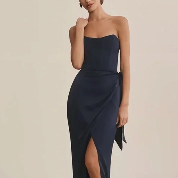 NWT V. Chapman Navy June Corset Jacquard Front-Slit Gown - Picture 2 of 5